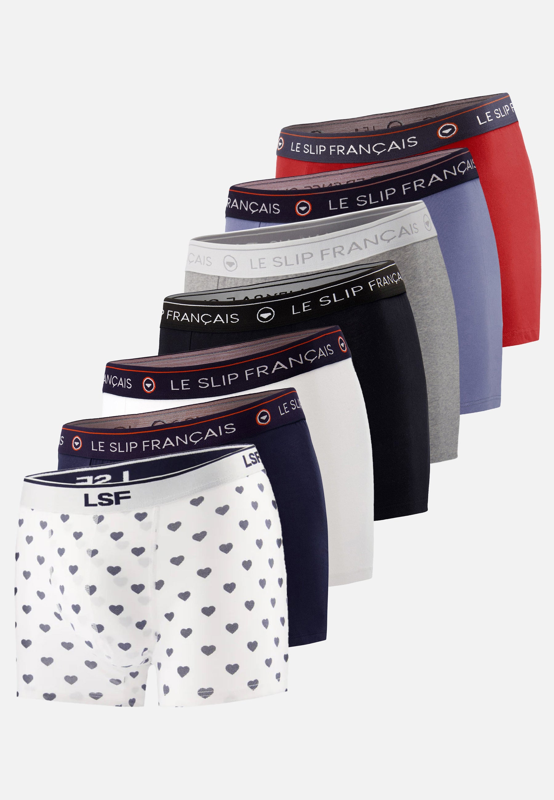 Lot de 7 boxers en coton - Boxers Marine Blanc Noir Gris Bleu Jean Rouge Petit Coeur Marine