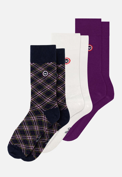 Lot de 3 chaussettes mi-hautes en coton - Chaussettes Tartan Violet Blanc