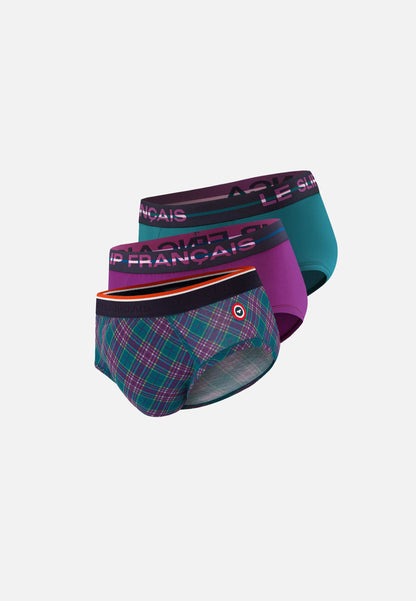 Lot de 3 slips en coton - Slips Tartan Bleu Canard Violet