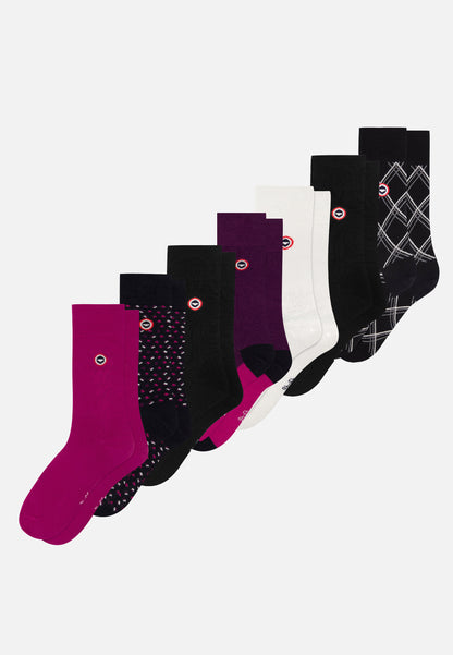Set of 7 mid-calf cotton socks - Fuchsia, Small Square, Fuchsia, Black, Plum, Fuchsia, White, Black Tartan