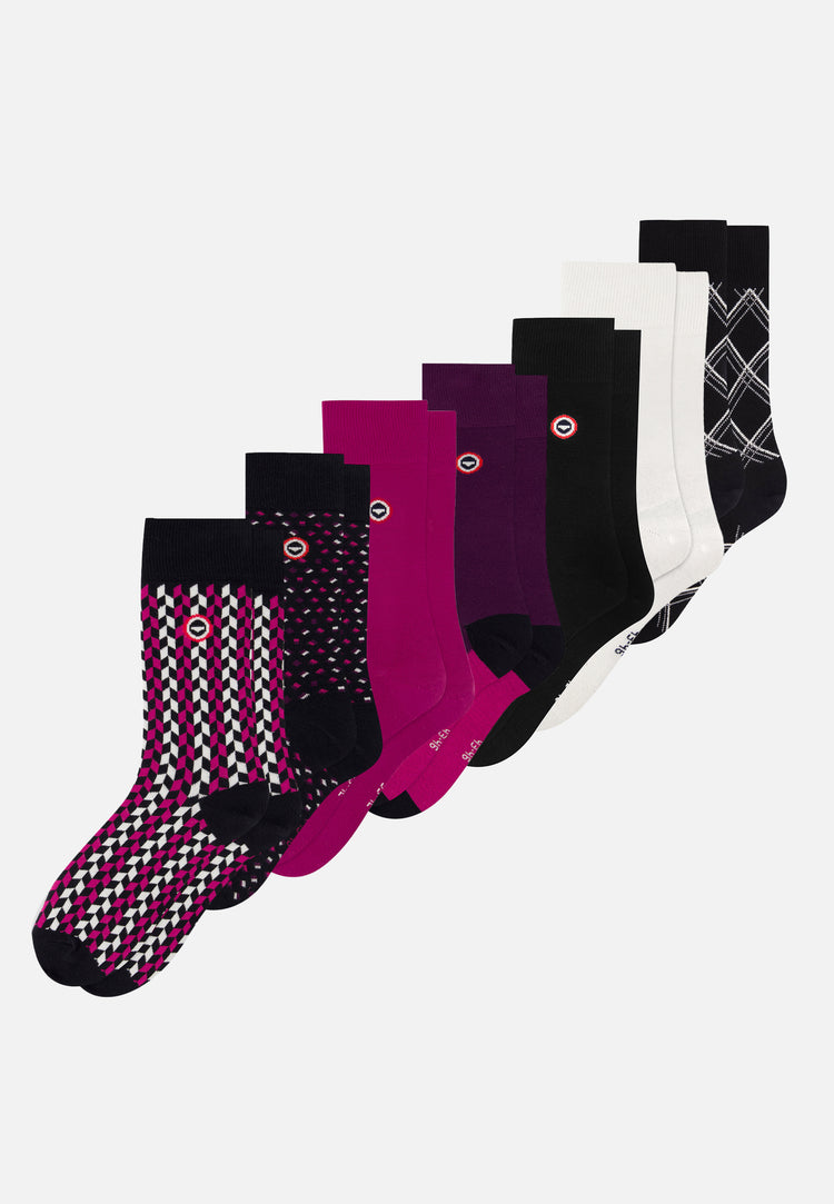 Lot de 7 chaussettes mi-hautes en coton - Chaussettes Fuchsia Petit Carré Fuchsia Fléchette Fuchsia Blanc Noir Tartan Noir - Le Slip Français - 1