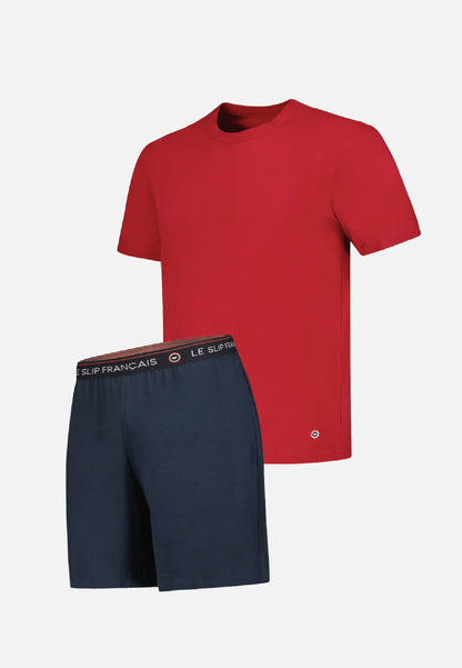 Ensemble pyjama haut rouge et short marine en coton - Pyjama Haut Manches Courtes Formidable Rouge Cerise Et Bas De Pyjama Court Invincible Marine