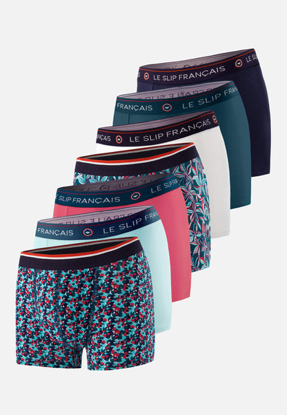 Lot de 7 boxers en coton - Boxers Marine Blanc Jasmin Canard Vert D'eau Confetti Rose
