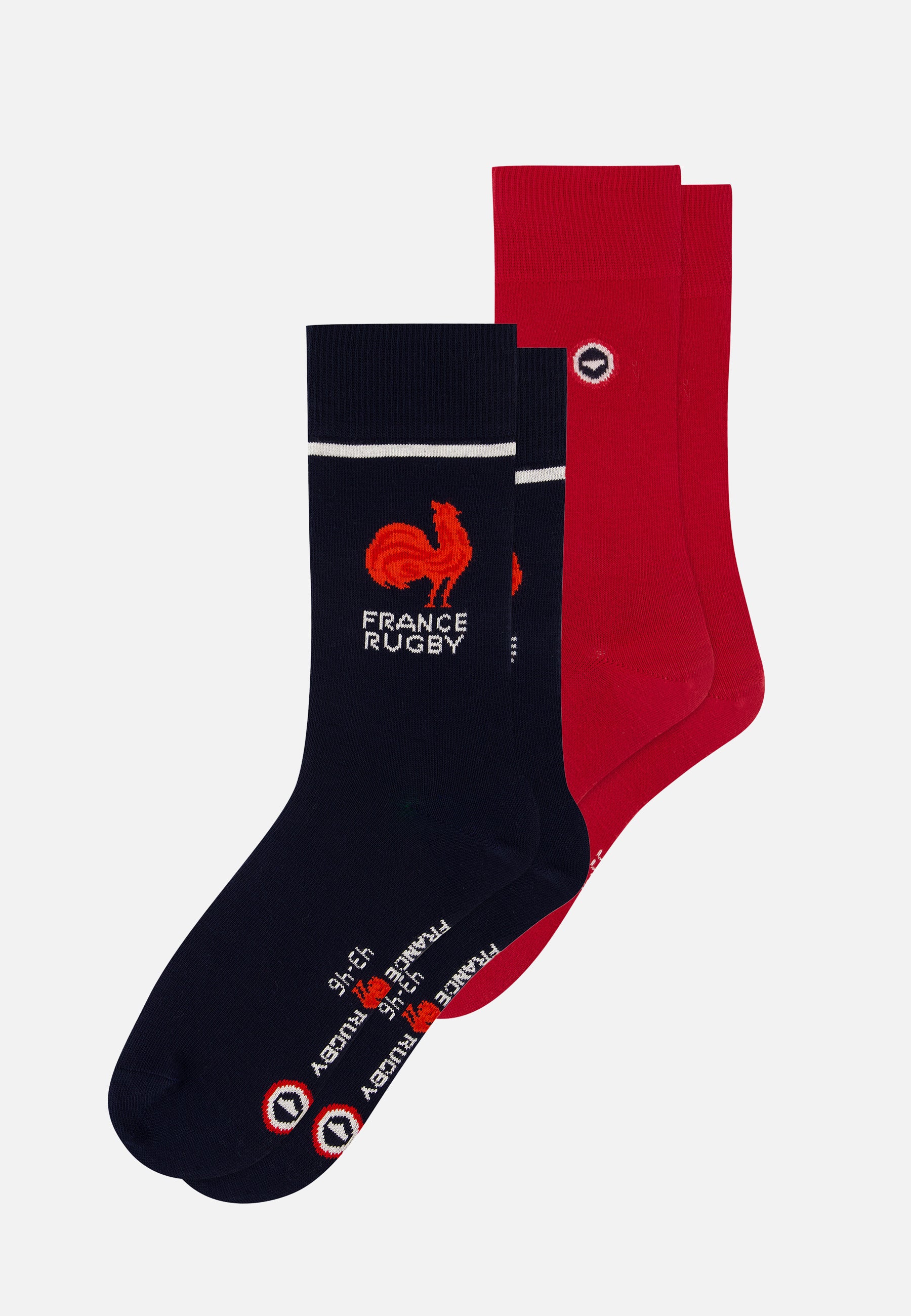 Pack of 2 mid-calf cotton socks - XV De France Rugby Socks Navy Cherry Red