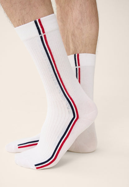 Chaussettes de sport mi-hautes rayées marine, blanc et rouge - Wilfried Lignes Marine Blanc Rouge