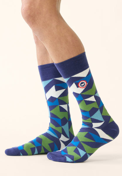 Pack of 7 mid-calf cotton socks - Topaz Striped White Mosaic Indigo Block Navy Socks