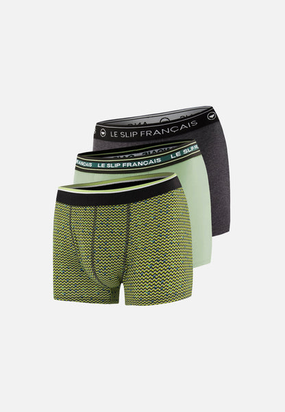 Lot de 3 boxers en coton - Boxers Chevron Jaune Anis Vert Sauge Gris Anthracite