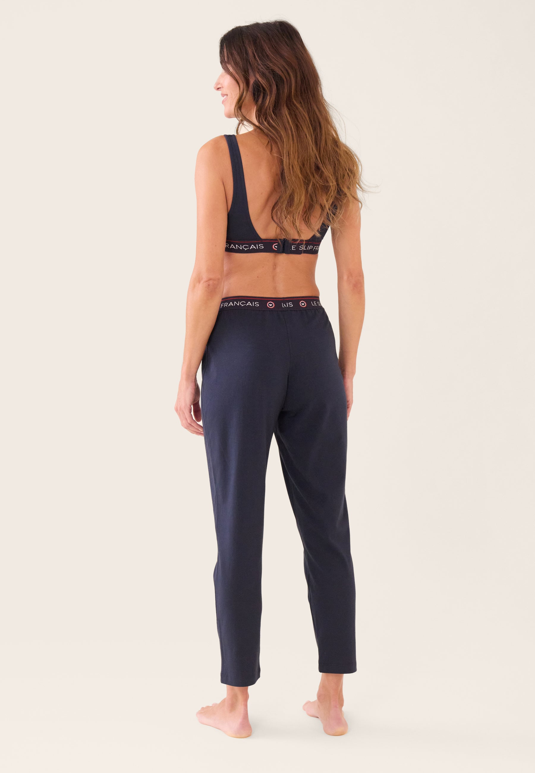 Bas de pyjama long femme bleu marine en coton - Vigoureuse Marine Brodé Cœur Maman