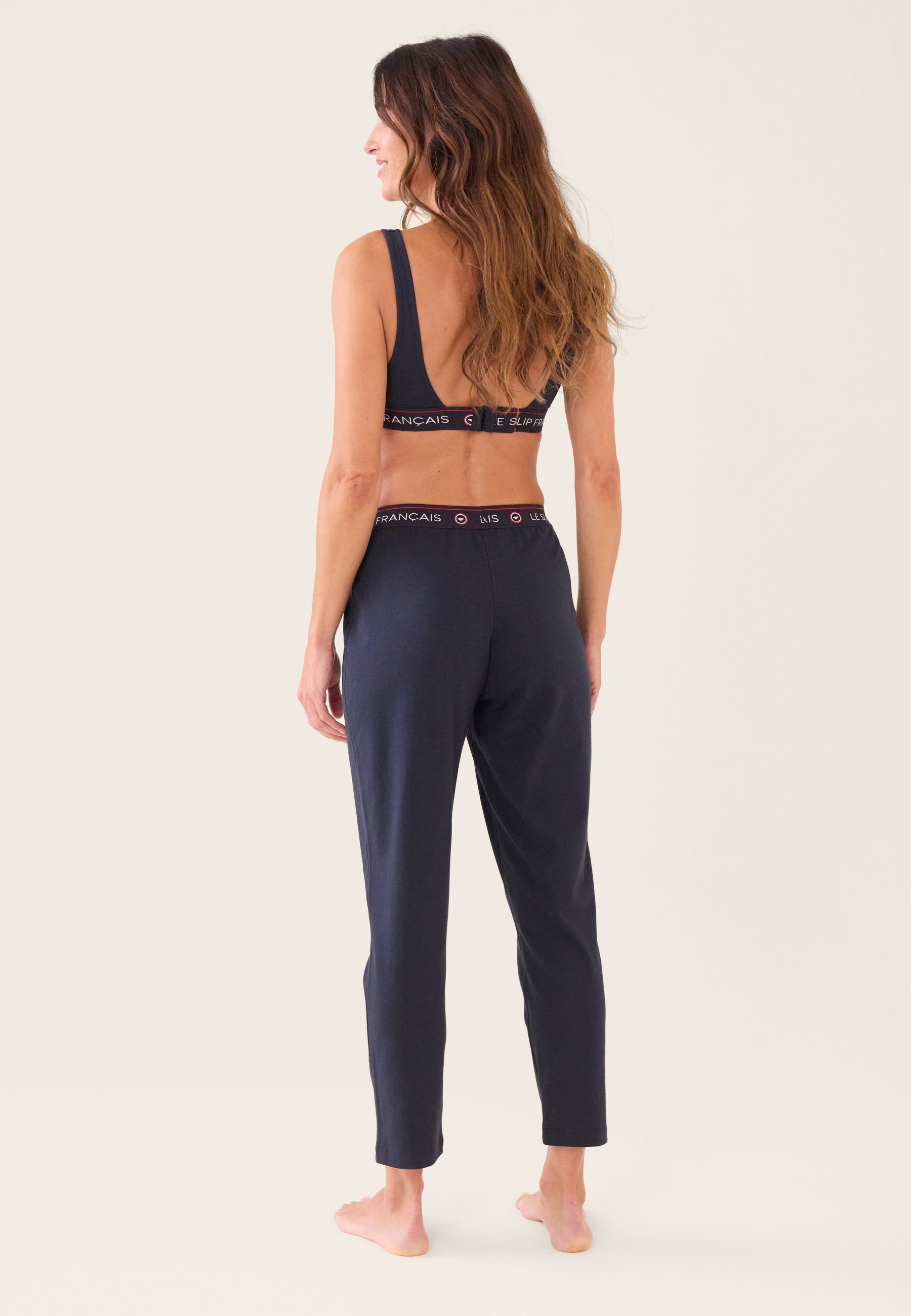 Bas de pyjama long femme bleu marine en coton - Vigoureuse Marine Brodé Cur Maman