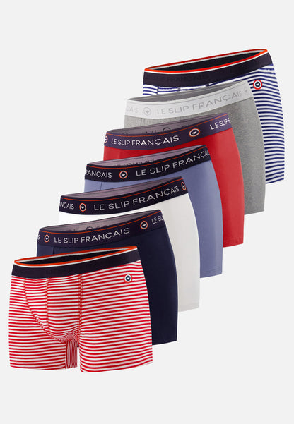 Lot de 7 boxers en coton - Boxers Marinière Rouge Marinière Bleu Marine Blanc Gris Bleu Rouge