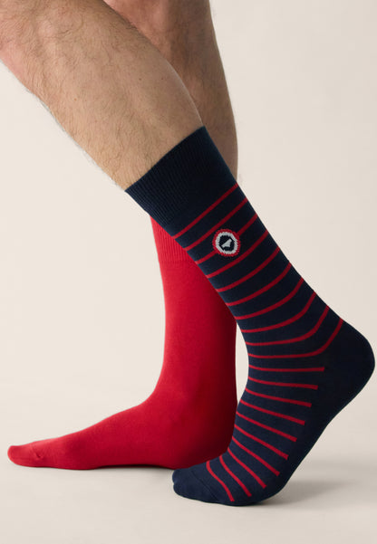 Lot de 2 chaussettes mi-hautes en coton - Chaussettes Rouge Cerise Marine Rayures Rouge