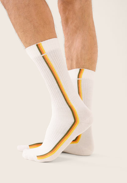 Set of 2 mid-calf cotton socks - Khaki Veronese Stripes Socks with Lemon Yellow Block
