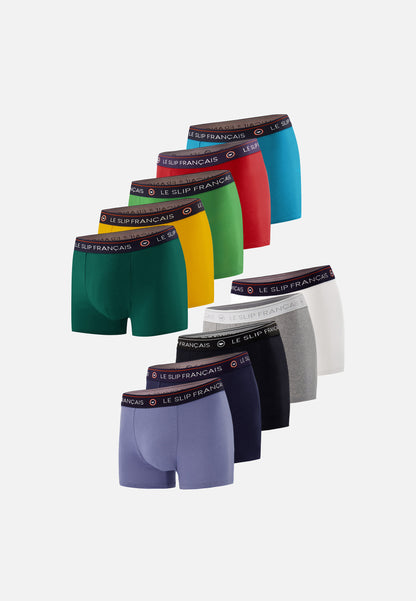 Lots de 10 boxers en coton - Boxers Moutarde Vert Sapin gris Chiné Rouge Cerise Bleu Jean Marine Blanc Noir Topaz Mint Green