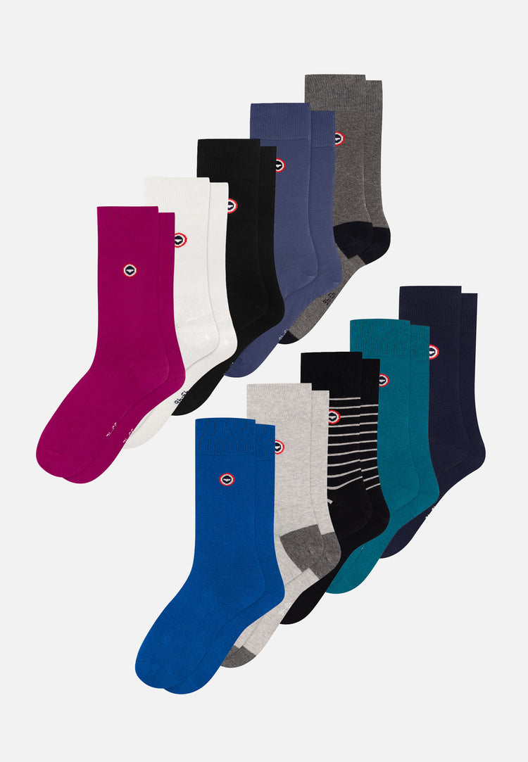 Lot de 10 chaussettes en coton - Chaussettes Fuchsia Blanc Noir Bicolore Acier Rayures Marine Topaz Bleu Turquoise - Le Slip Français - 1