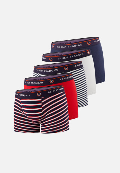 Lot de 5 boxers enfant en coton - Boxers Marine Rayure Tricolore Rouge Cerise Marinière Blanc