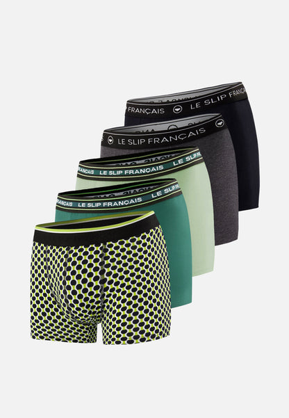 Lot de 5 boxers en coton - Boxers Raquette Jaune Anis Vert Forêt Vert Sauge Anthracite Noir