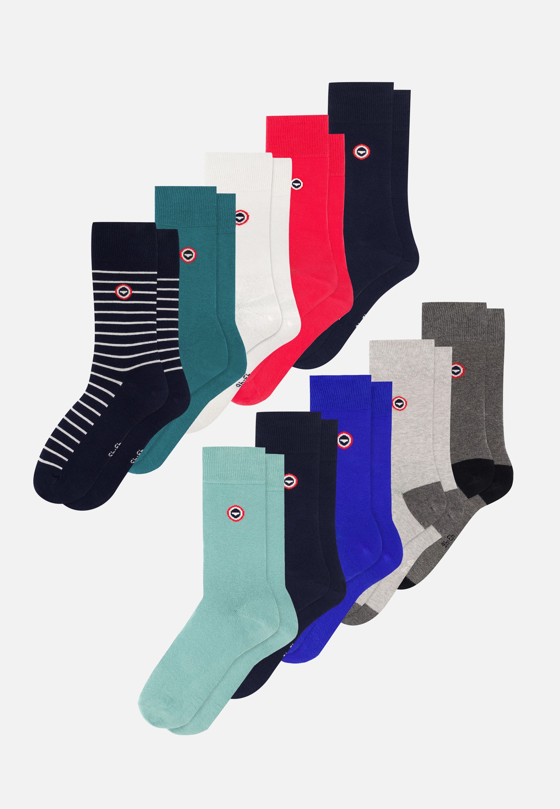 Pack of 10 mid-calf socks - Navy, Cherry Pink, Teal, White, Azure Green, Nautical Blue, Navy with White Stripes, Steel, Anthracite Grey and Light Grey