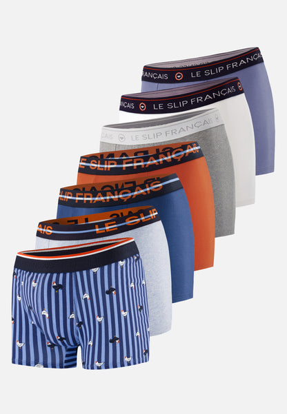 Lot de 7 boxers en coton - Boxers Rayures Coq Acier Brique Bleu Ciel Bleu Jean Gris Chiné Blanc