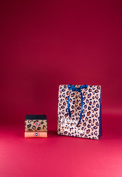 Set of 2 mid-calf cotton socks - Pink Peach Navy Leopard Print Socks