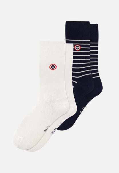 Lot de 2 chaussettes mi-hautes en coton - Chaussettes Marine Rayures Blanches Blanc