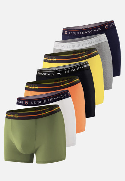 Lot de 7 boxers en coton - Boxers Gris Chiné Marine Orange Blanc Noir Kaki Veronese Jaune Citron