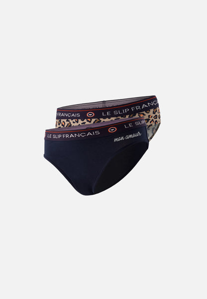 Set of 2 cotton panties - Laughing Leopard Print Navy Embroidered My Love Panties