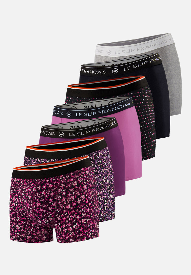 Lot de 7 boxers en coton - Boxers Prune Fuchsia Noir Gris Chiné Hibiscus Prune Gavotte Prune Petit Carrés Noir - Le Slip Français - 1