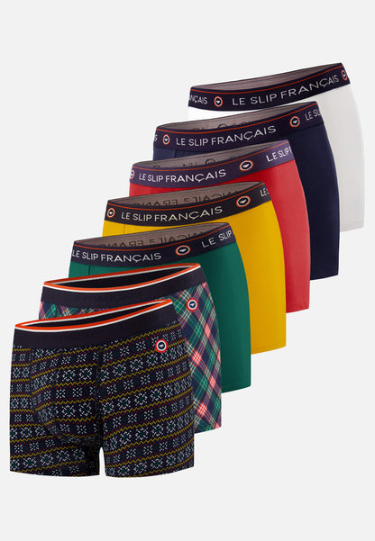 Lot de 7 boxers en coton - Boxers Moutarde Vert Sapin Rouge Cerise Marine Blanc Flocon Tartan