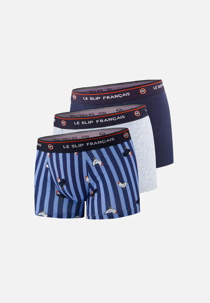 Lot de 3 boxers enfant en coton - Boxers Marine Rayures Coq Acier Bleu Ciel Chiné
