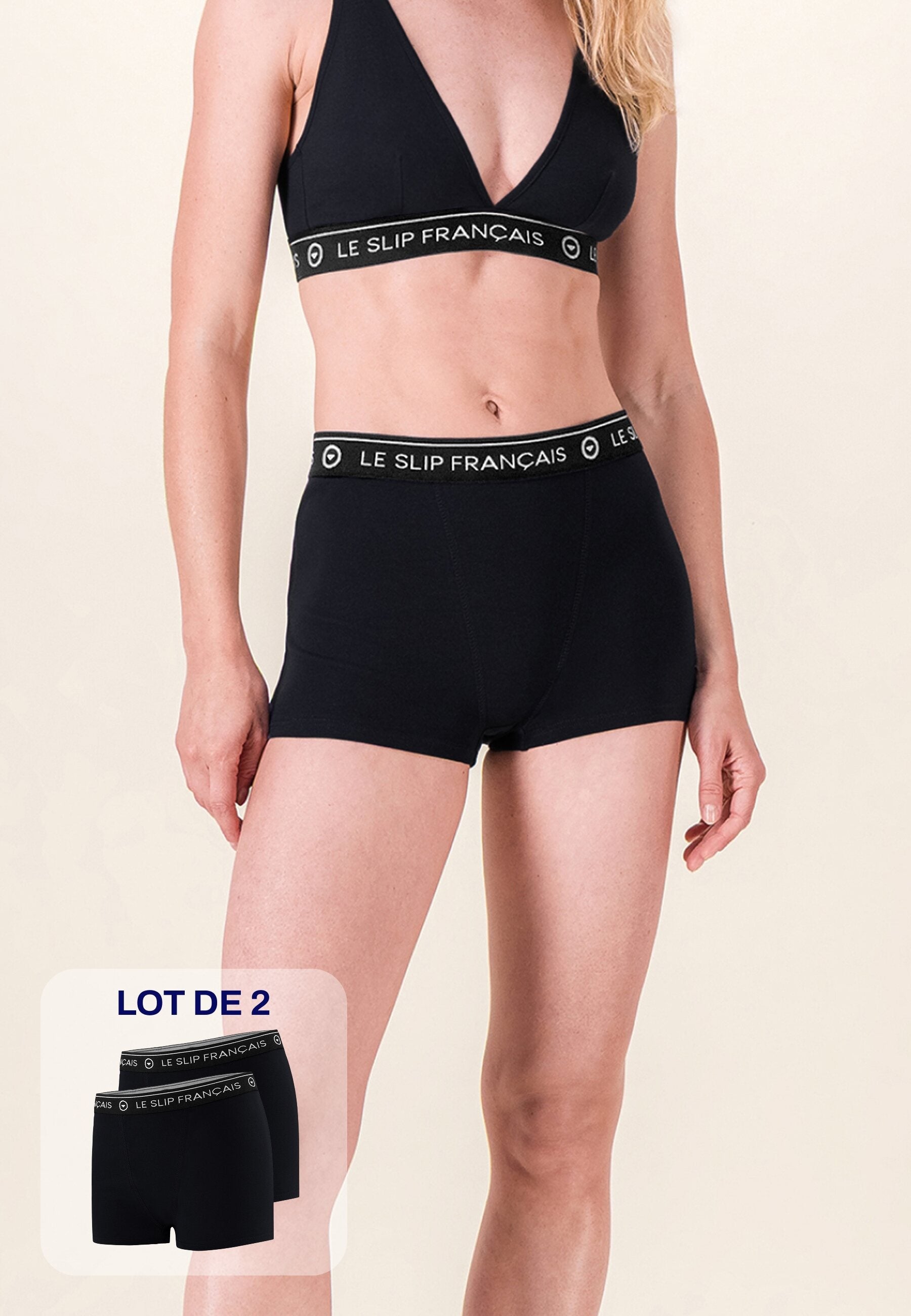 Lot de 2 culottes boxers femme en coton - Culottes Boxers Noir