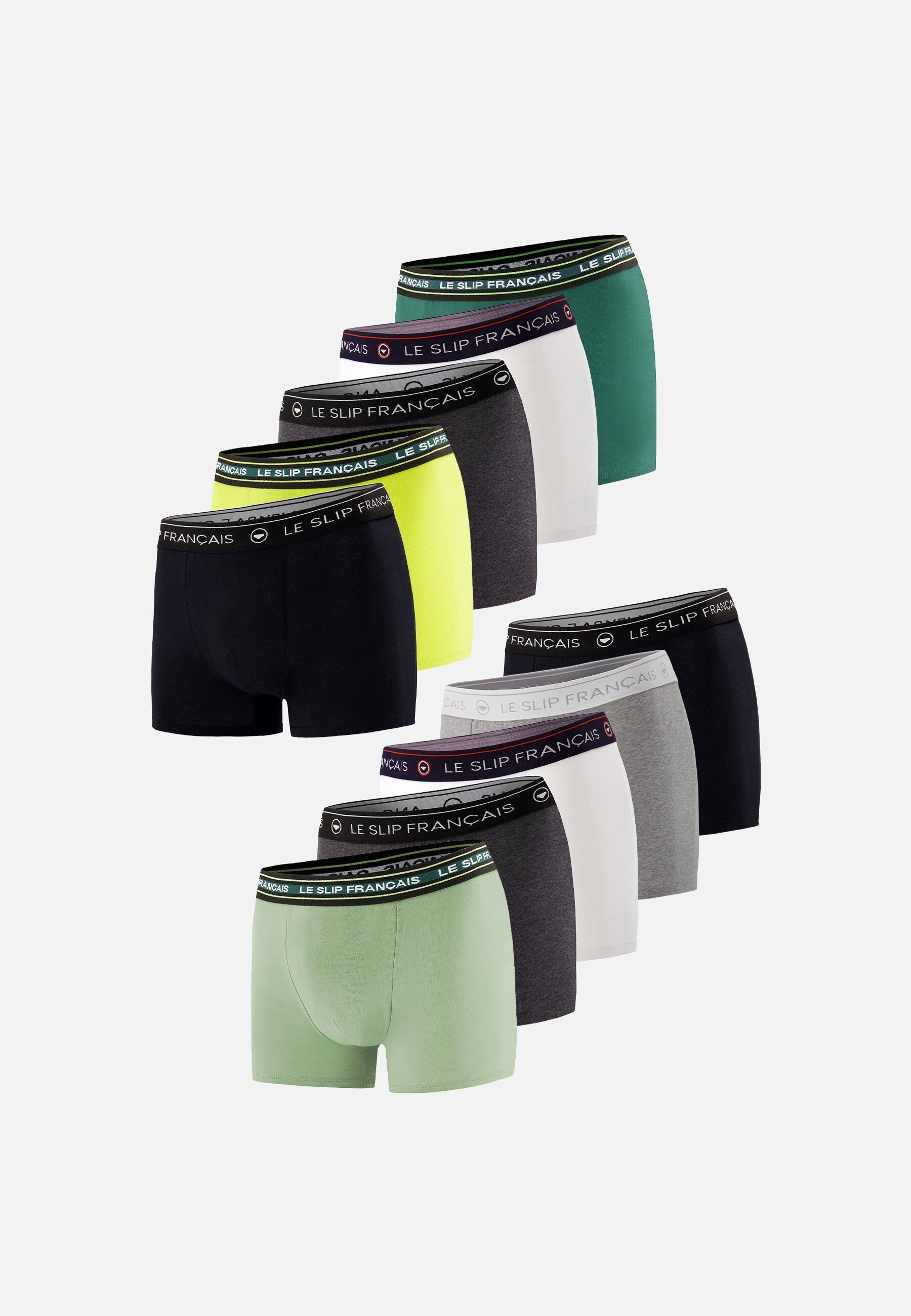Lot de 10 boxers en coton - Boxers Noir Blanc Jaune Anis Vert Sauge Anthracite Vert Forêt Noir Anthracite Gris Chiné Blanc