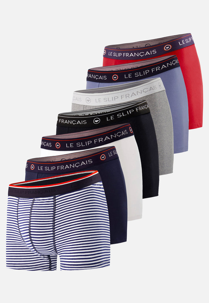 le slip français Sept boxers en coton Pack Semainier Boxer Marius Marinière Redoutable Marine Blanc Noir Gris Bleu Jean Rouge