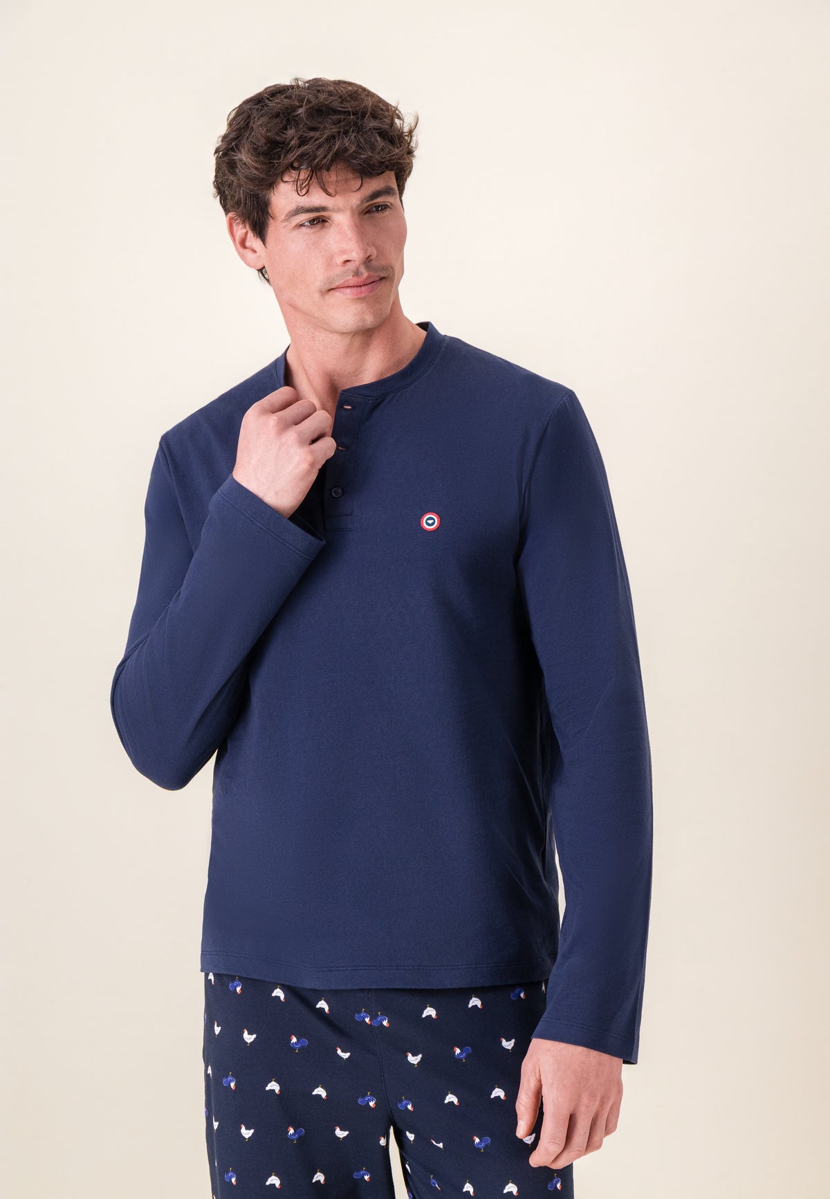 Ensemble pyjama haut et pantalon à motif coq marine en coton - Pyjama Haut Manches Longues Et Bas De Pyjama Long Tont Coq