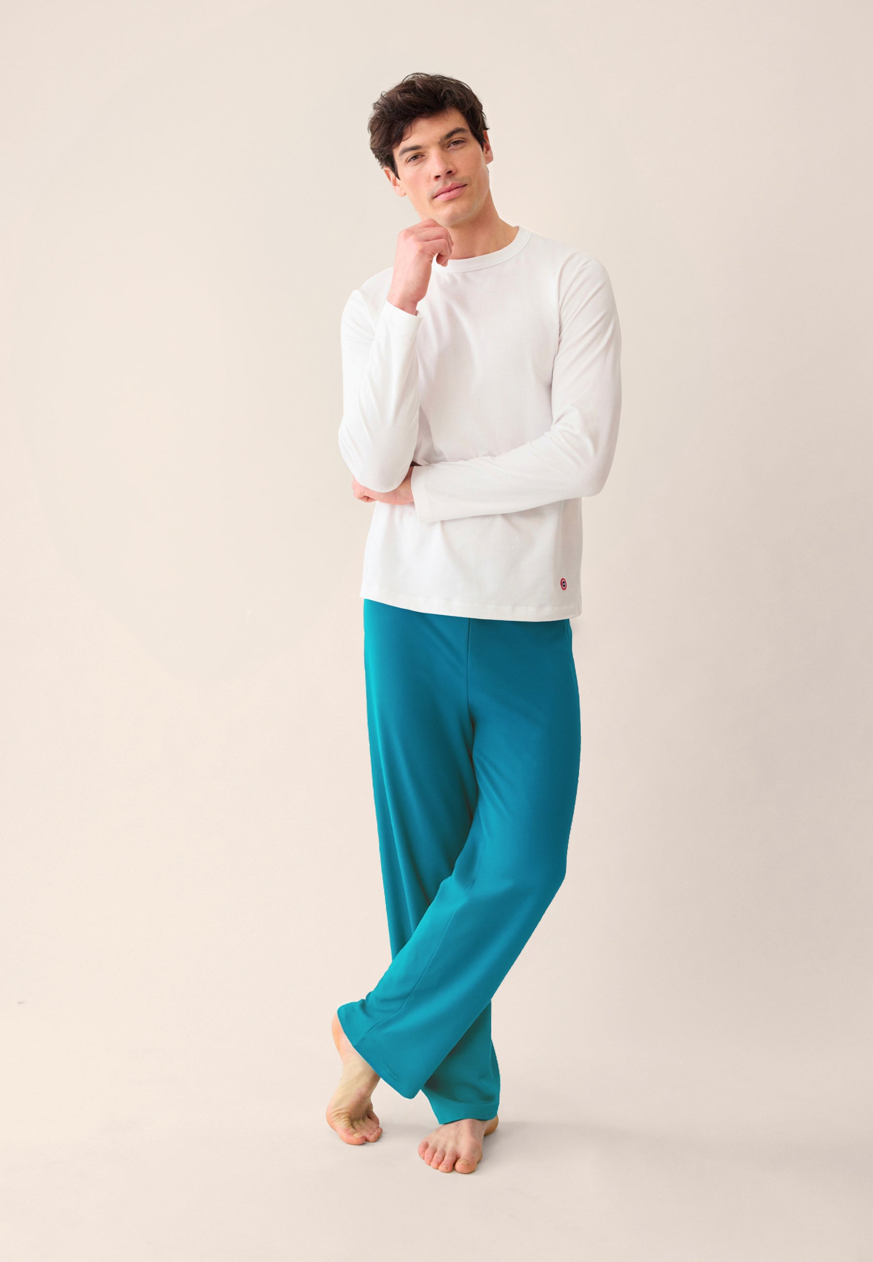 White top and blue cotton pants pajama set - Superb long sleeve pajamas in white and indomitable long pajama bottoms in topaz