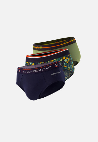 Lot de 3 slips en coton - Slips Marine Brodé Super Papa Jungle Kaki Veronese