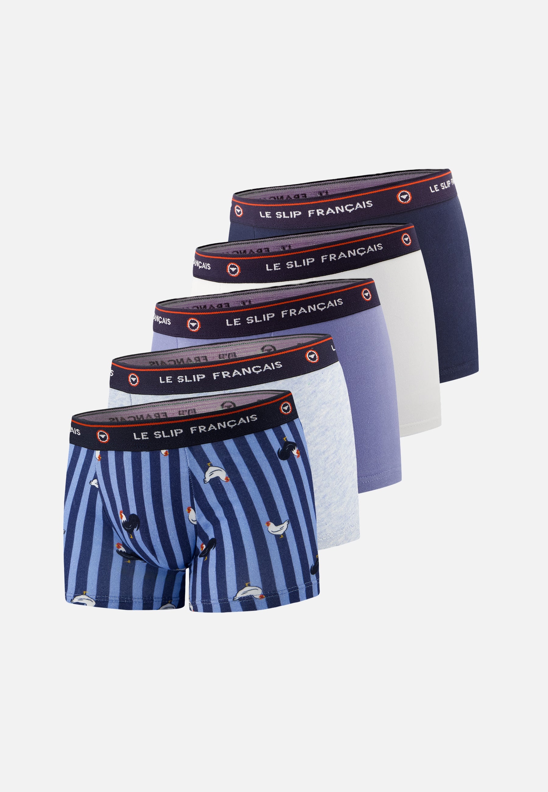 Lot de 5 boxers enfant en coton - Boxers Blanc Bleu Ciel Chiné Rayures Coq Marine Bleu Jean