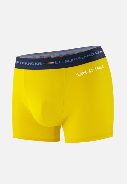 Boxer jaune en coton bio - Redoutable jaune citron brodé Sucer la roue