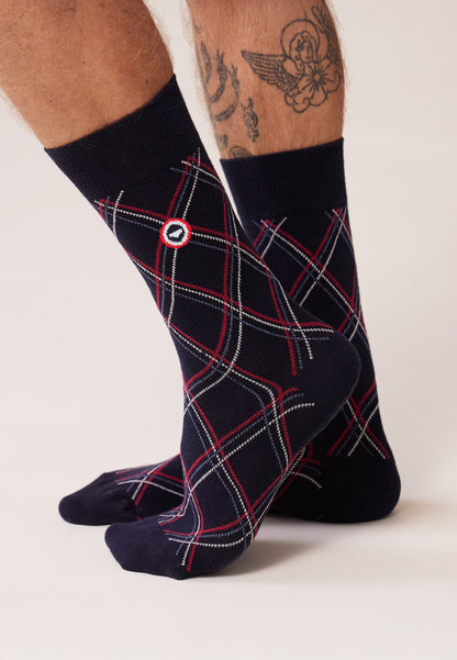 Chaussettes mi-hautes bleu marine à carreaux fantaisie - Lucas Carreaux Marine