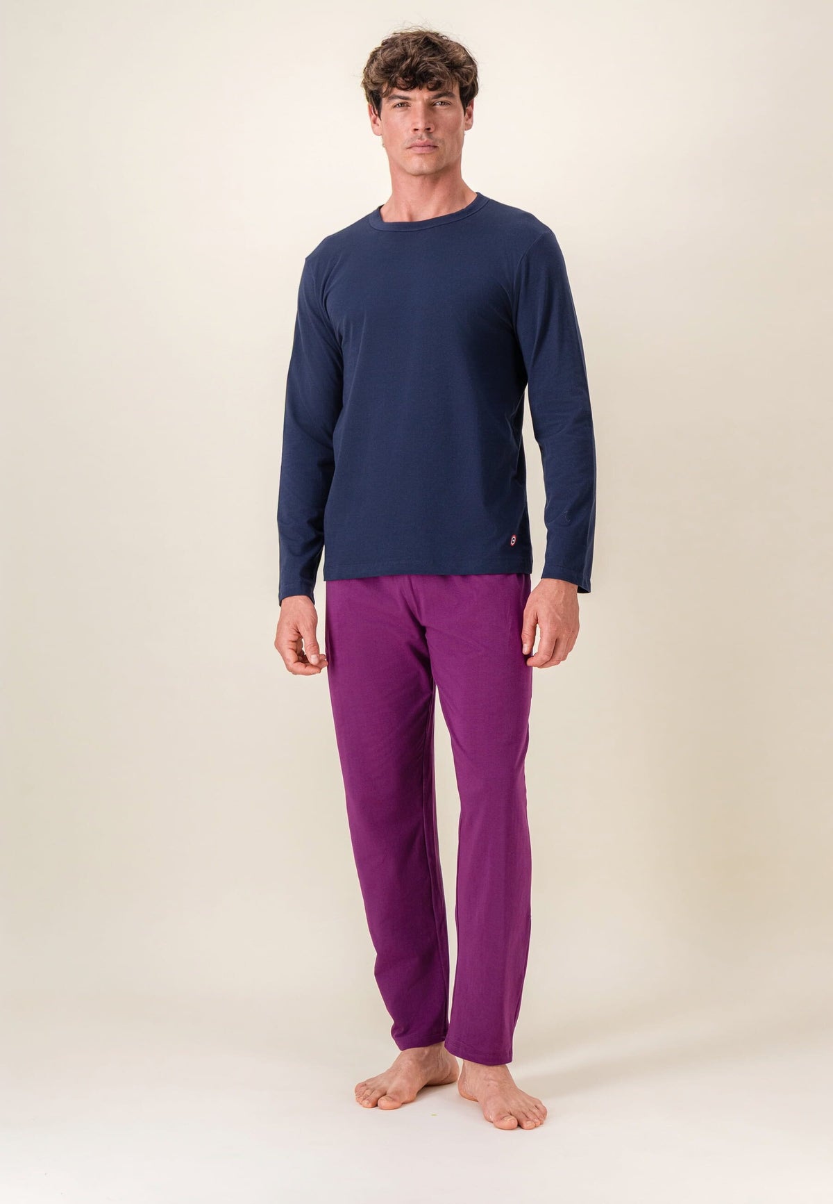 Ensemble pyjama haut bleu et pantalon violet en coton - Pyjama Haut Manches Longues Superbe Marine Et Bas De Pyjama Long Indomptable Violet