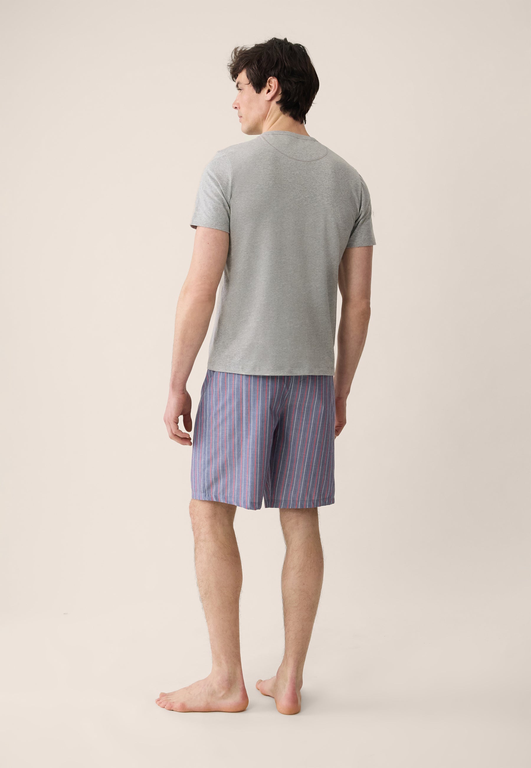 Heather gray cotton top and shorts pajama set - Tristan pajamas Heather gray short-sleeved top and tricolor striped short pajama bottoms