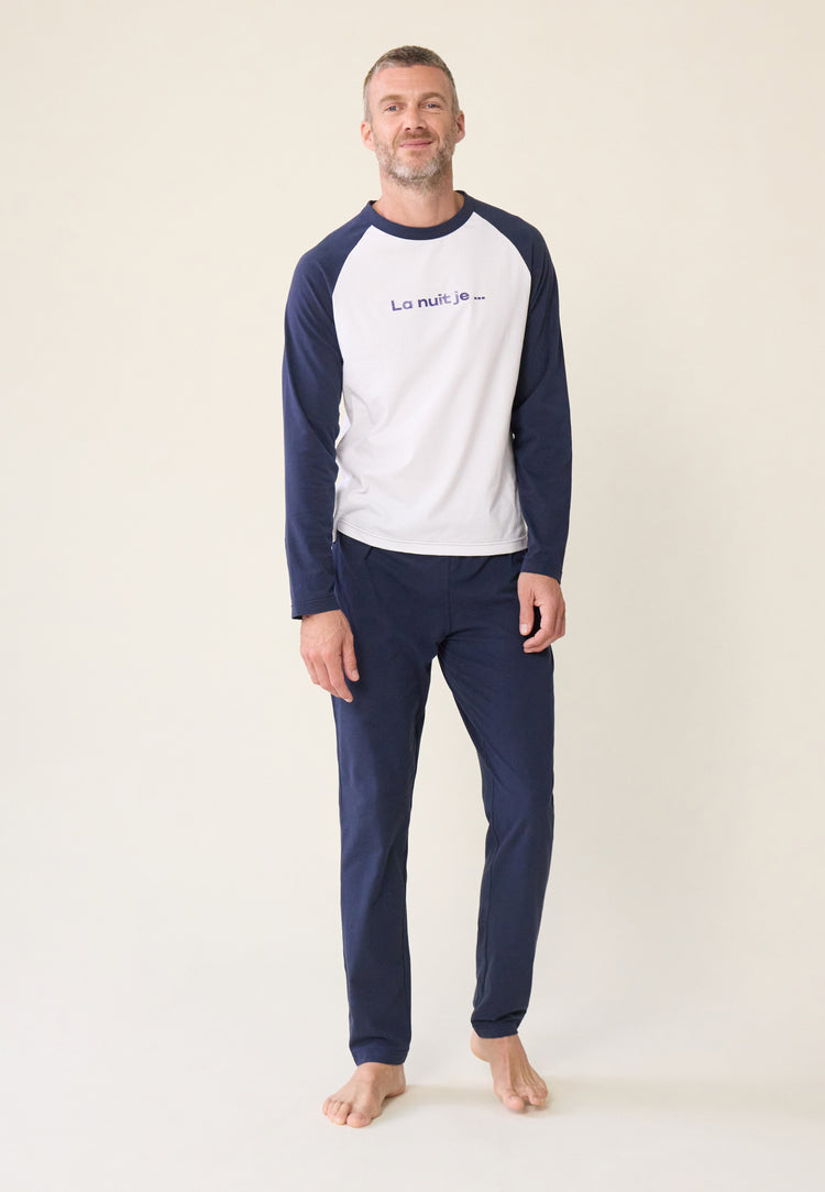 Ensemble Pyjama T-shirt et Pantalon en coton - Pyjama Nathan Marine Blanc - Le Slip Français - 1