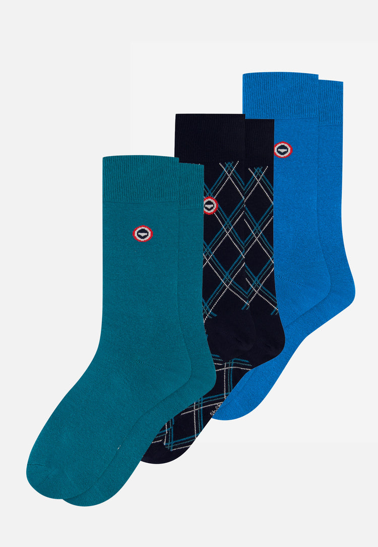 Lot de 3 chaussettes mi-hautes en coton - Chaussettes Topaz Tartan Bleu Turquoise - Le Slip Français - 1