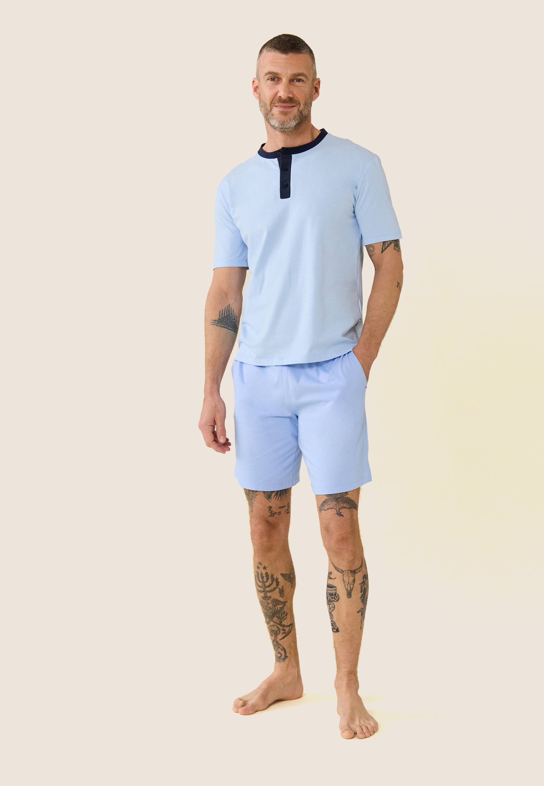 Ensemble de pyjama t-shirt et short en coton - Ensemble Pyjama Yvan Bleu ciel