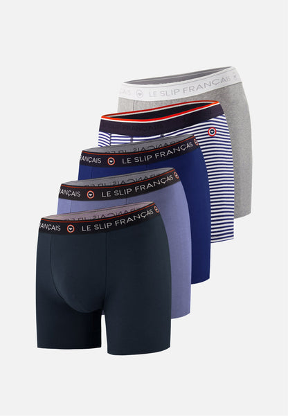 Lot de 5 boxers longs en coton - Boxers Longs Marine Indigo Bleu Jean Gris Chiné Marinière