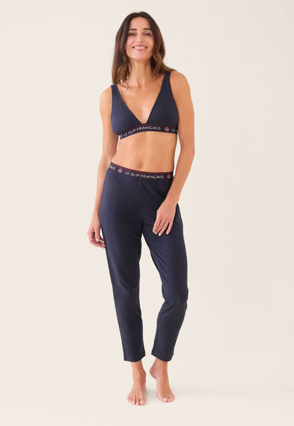 Ensemble Pyjama femme bleu marine en coton - Pyjama haut manches courtes puissante et bas de pyjama long vigoureuse marine