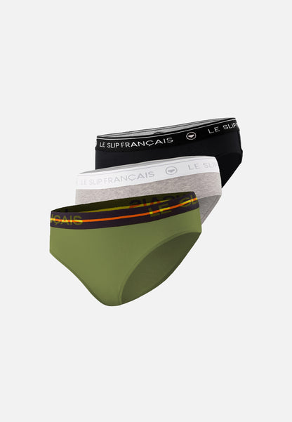Set of 3 cotton panties - Black, Khaki, Veronese, Heather Grey