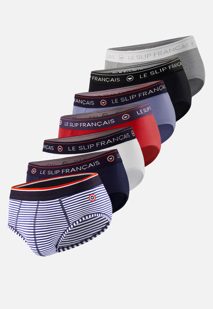 Lot de 7 slips en coton - Slips Marine Blanc Rouge Cerise Noir Gris Chiné Bleu Jean Marinière