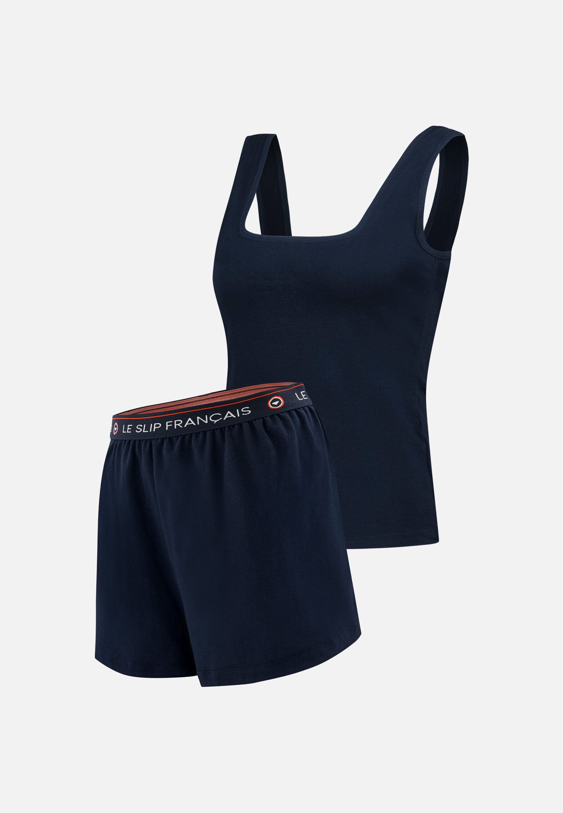 Ensemble pyjama femme débardeur et short marine en coton - Pyjama Haut Débardeur Adorable Marine Et Bas De Pyjama Court Ambitieuse Marine