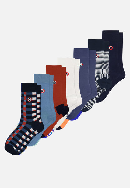 Lot de 7 chaussettes en coton - Chaussettes Mosaïque Rouge Brique Bleu Jean Acier Marine Blanc Marinière Bleu