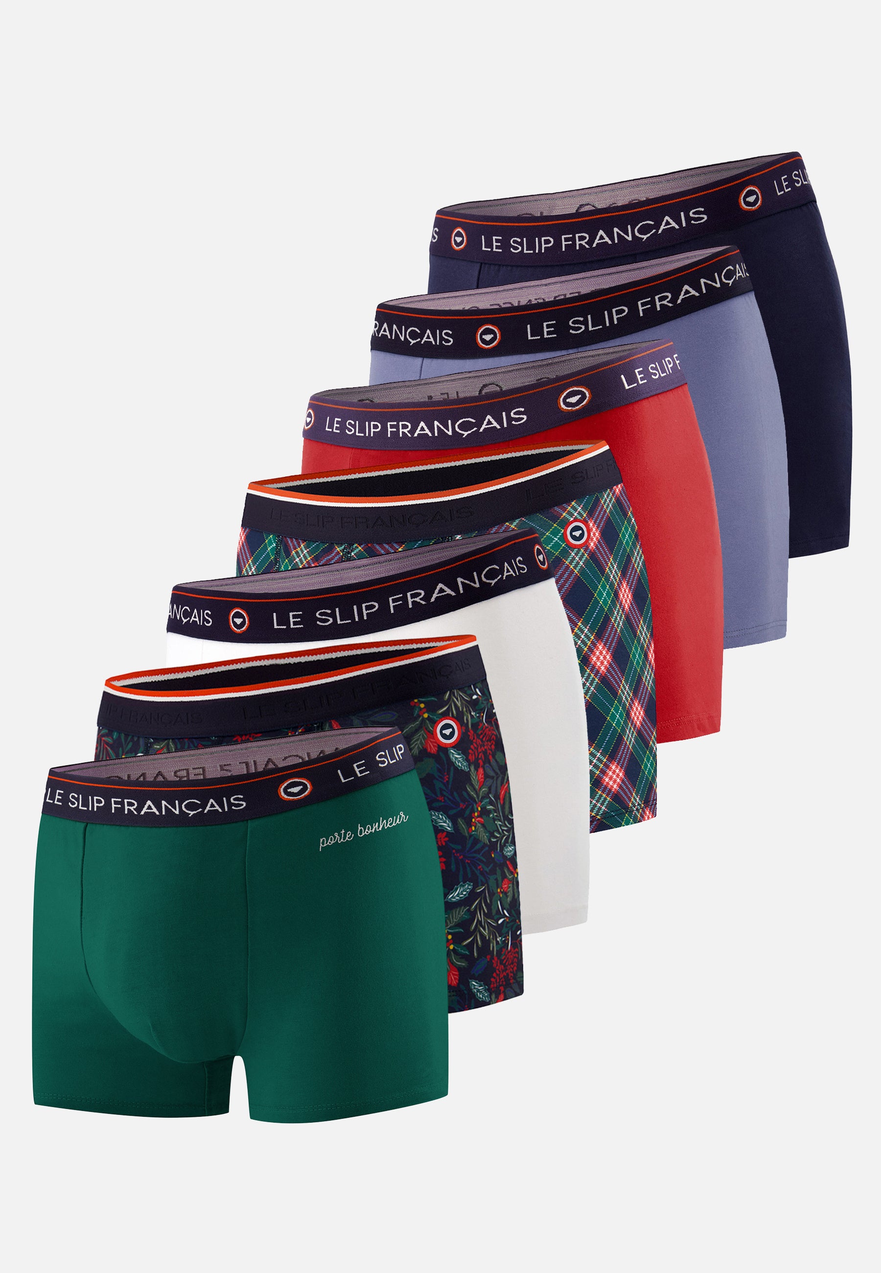 Lot de 7 boxers en coton - Boxers Marine Bleu Jean Houx Blanc Vert Sapin Porte Bonheur Tartan Cerise
